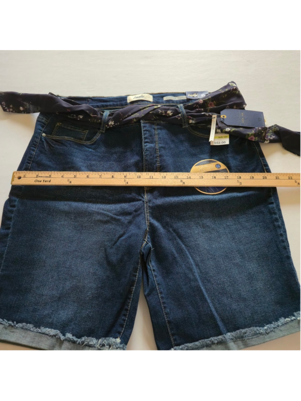Angels Forever Young Blue Denim Jeans Bermuda Shorts Floral Belt Tummy Tech 18W - Picture 6 of 8